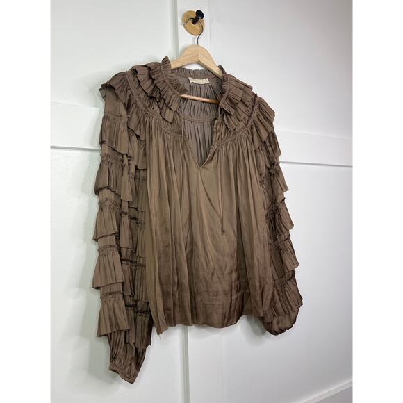 NEW Ulla Johnson Lucy Tiered Long Sleeves Ruffled Neck Blouse Mica Brown Size: 4 - Picture 3 of 7